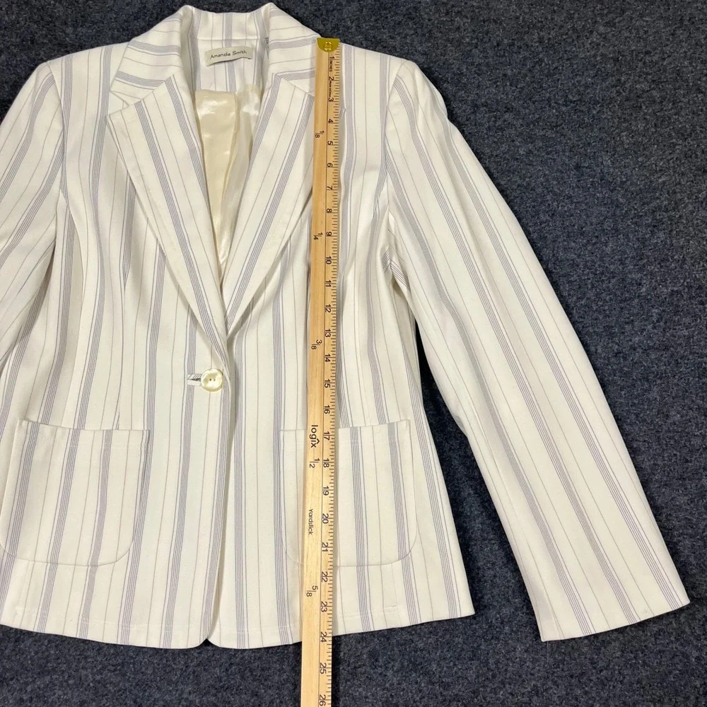 Amanda Smith Womens Pinstripe Blazer Ivory‎ Navy Single Button Stretch Jacket 6